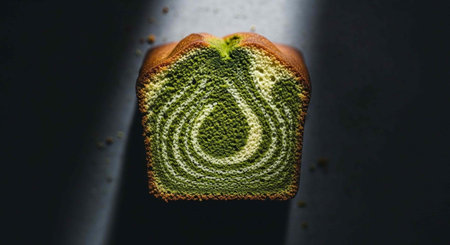 A sliced green swirl bread loaf with a golden crust on a dark background