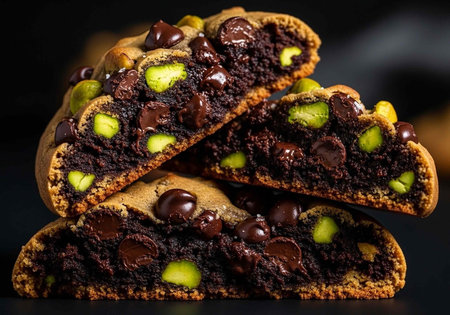 Stacked cut open chocolate chip cookies with pistachios on dark surfaceの写真素材