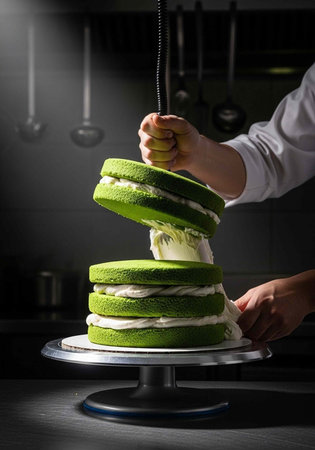 A person in a kitchen assembling a green layered cake with white frosting