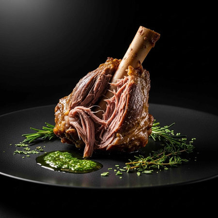 A succulent lamb shank garnished with fresh herbs and green sauce on a black plate