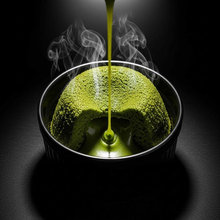 A stream of green tea pouring into a bowl of powdered matcha with steam rising