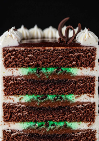 Chocolate cake layers with green filling and white frosting, topped with chocolate and whipped cream