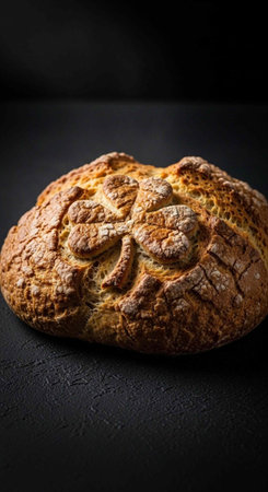 A single, golden-brown bread loaf with decorative crust pattern on a dark surface