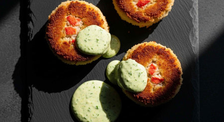Round, toasted cakes with red peppers and dollops of green sauce on a dark slate surface