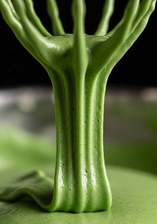 Close-up of a green tree sculpture with a glossy finish on a matching green base