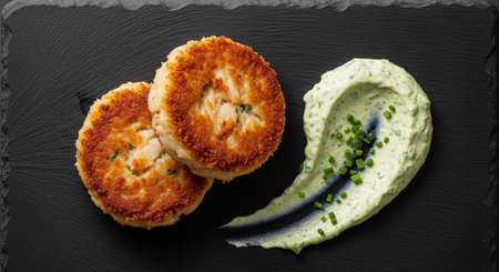 Two golden brown crab cakes beside a dollop of green sauce on a dark slate surface