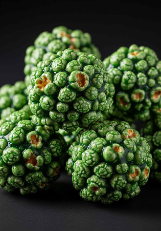 A close-up view of several green mulberries with brown centers on a dark background
