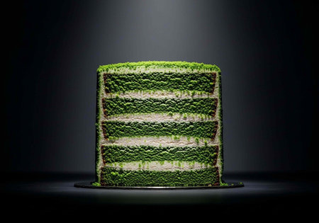 A tall, green, layered cake with white frosting on a black background