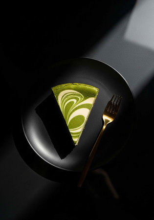 A slice of green tea cheesecake on a black plate with a gold fork