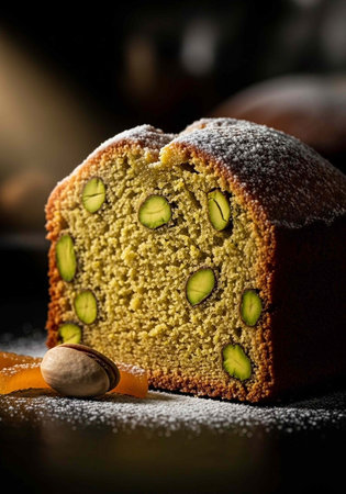 A delicious pistachio cake with powdered sugar on a dark backgroundの写真素材
