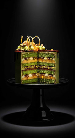 Delicious layered cake with pistachios and nuts on a black background