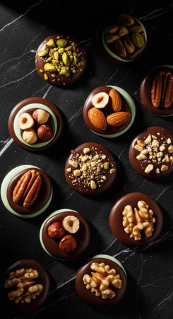 Assorted chocolates with nuts on a dark marble surface