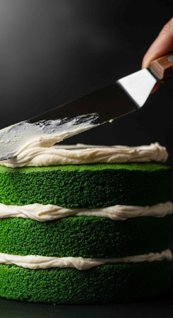 A person decorating a green cake with white frosting using a knife