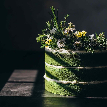 A beautifully decorated green cake with white frosting and flowers on top, sitting on a dark table.