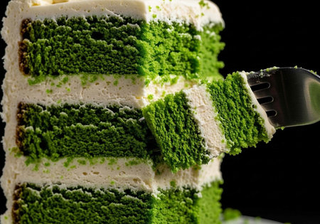A slice of vibrant green matcha cake being cut with a fork on a black background