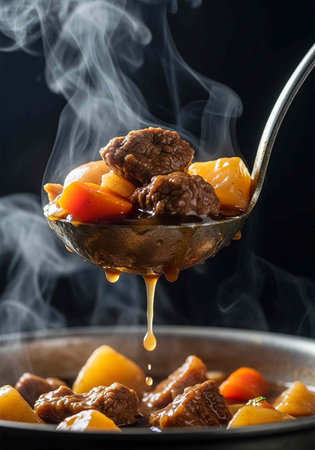 A ladle of beef stew with potatoes and carrots is being poured into a pot with steam rising.