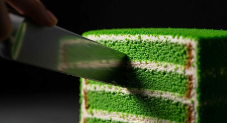 A hand slicing into a vibrant green cake with white frosting layers on a dark backgroundの写真素材