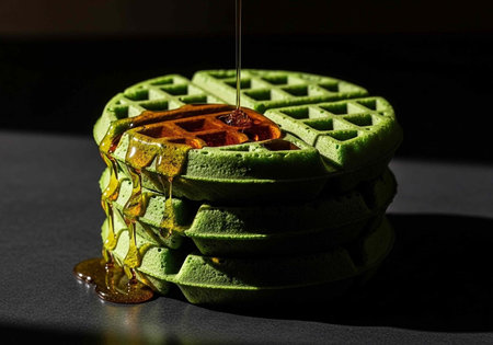 A stack of green waffles with syrup being poured on top