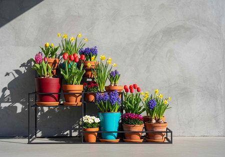 A collection of vibrant potted flowers on a metal stand against a gray wallの写真素材