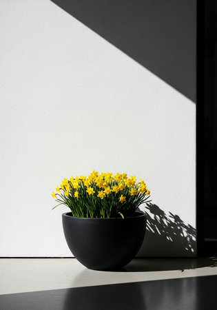 A beautiful black pot filled with vibrant yellow flowers sits in a sunlit room with a modern designの写真素材