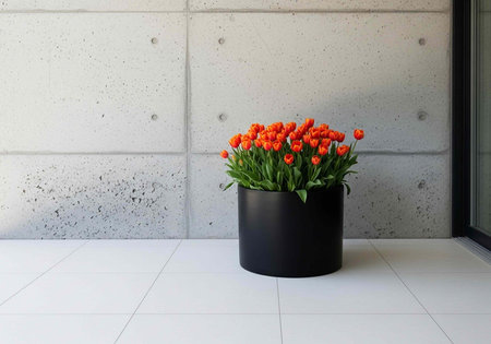 A black cylindrical pot filled with vibrant orange tulips sits on a white tiled floor against a concrete wall.の写真素材