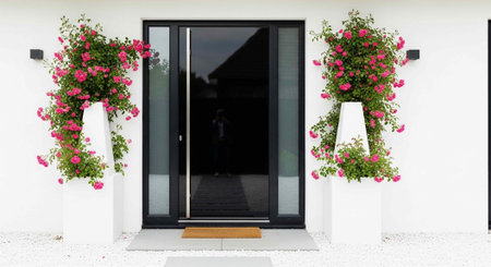 A modern house entrance with a black glass door and two white planters with pink flowersの写真素材