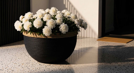 A black textured planter holds white chrysanthemums on a terrazzo floor in a modern interior space.の写真素材