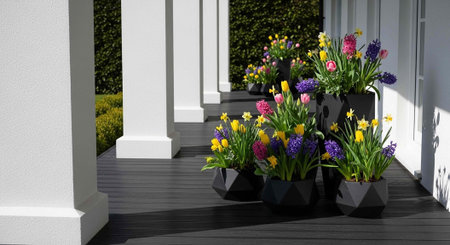 Colorful tulips and flowers in geometric planters on a dark wood porch with white pillars and hedgesの写真素材
