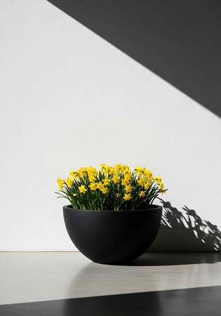 A black bowl filled with yellow flowers sits on a gray surface against a white wall.の写真素材