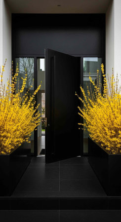A sleek, modern home entrance with open black doors, flanked by vibrant yellow flowers in planters.の写真素材