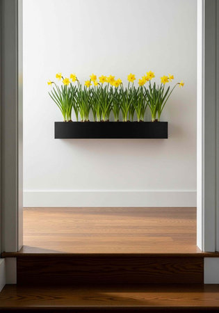 A black planter with yellow daffodils on a white wall above wooden stairs indoorsの写真素材