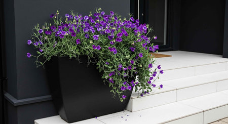 A black planter with purple flowers sits on white steps against a dark gray wall.の写真素材