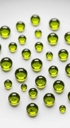 A collection of small, shiny green beads scattered on a white surfaceの写真素材