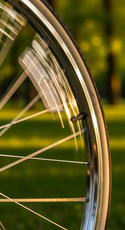 A bicycle wheel spinning rapidly in a lush green park on a sunny day