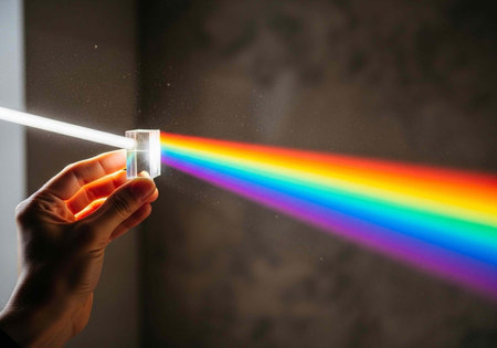 A hand holding a glass prism refracting a beam of light into a vibrant rainbow spectrum