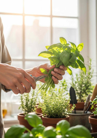 A person pruning a plant with scissors in a bright and sunny indoor garden setting
