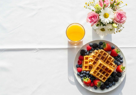 A delicious breakfast spread featuring waffles, fresh berries, and a glass of orange juice on a white tableclothの写真素材