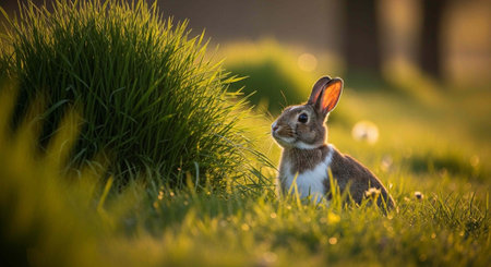 A brown and white rabbit sitting in a field of green grass with a bush in the background