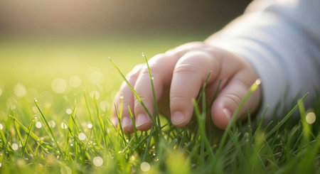 A small hand gently touching green grass in a serene outdoor setting with warm sunlight