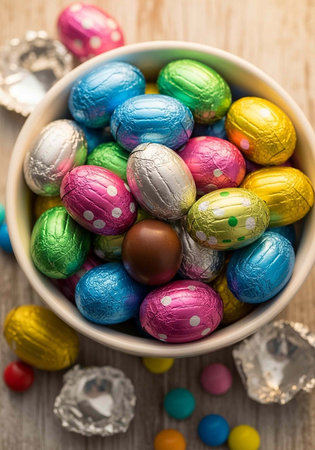 A bowl of colorful Easter eggs and candies on a wooden table