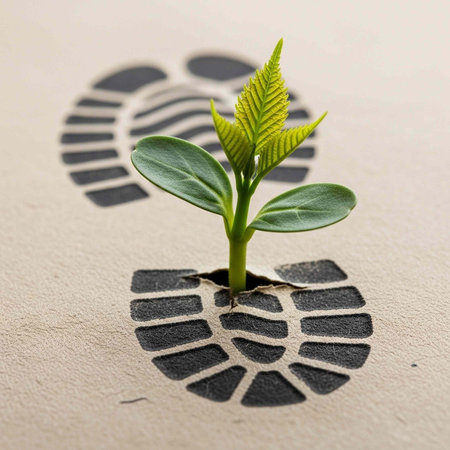 A small green plant grows out of a footprint in the sand, symbolizing hope and resilience in a...
