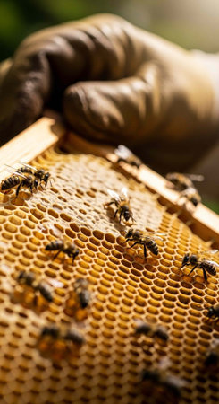 A beekeeper's gloved hand carefully inspects a honeycomb frame teeming with busy bees in a sunny apiary.の写真素材