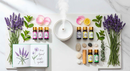 A serene arrangement of essential oils and herbs on a white marble surface for aromatherapy and...