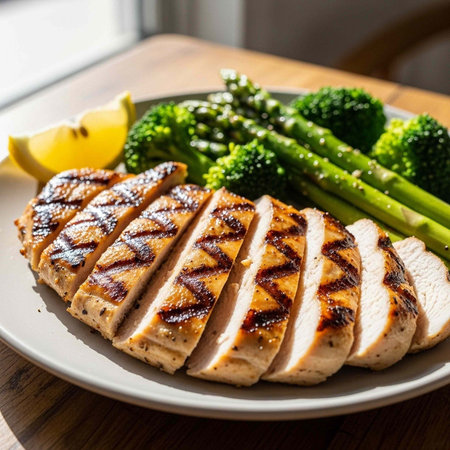 A plate of grilled chicken breast sliced and served with steamed broccoli and asparagus with a lemon wedgeの写真素材