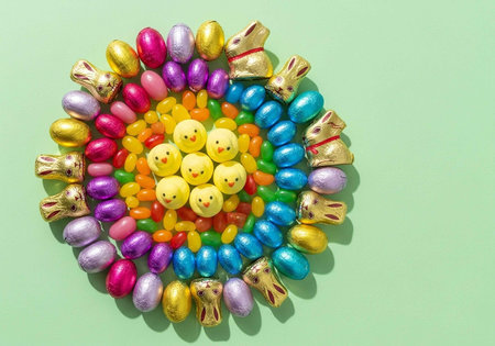 A colorful arrangement of Easter candies and chocolate bunnies on a pastel green background