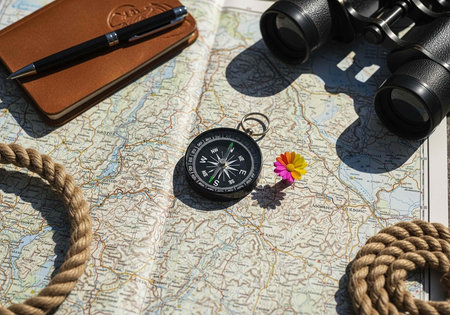 A collection of travel essentials including a map, compass, and binoculars laid out on a surface.