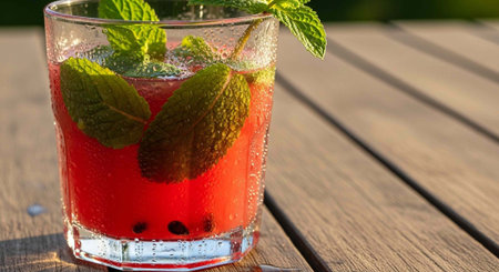 A refreshing summer cocktail with mint leaves on a wooden table outdoorsの写真素材