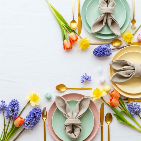 A beautifully set Easter table with colorful flowers and gold utensils on a white background