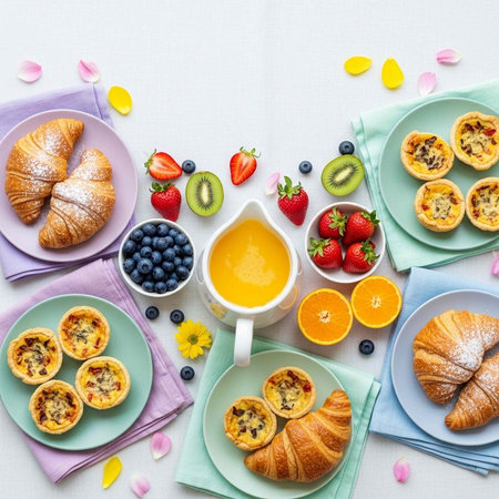 A beautifully arranged breakfast spread with pastries, fruits, and orange juice on a white table