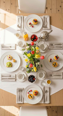 A beautifully set table with a floral centerpiece and plates of food